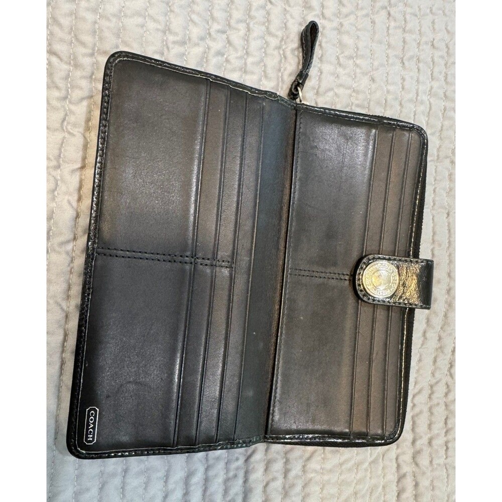 Coach Signature Jacquard Checkbook Wallet Black Leather Zip Around Organizer - Picture 8 of 16